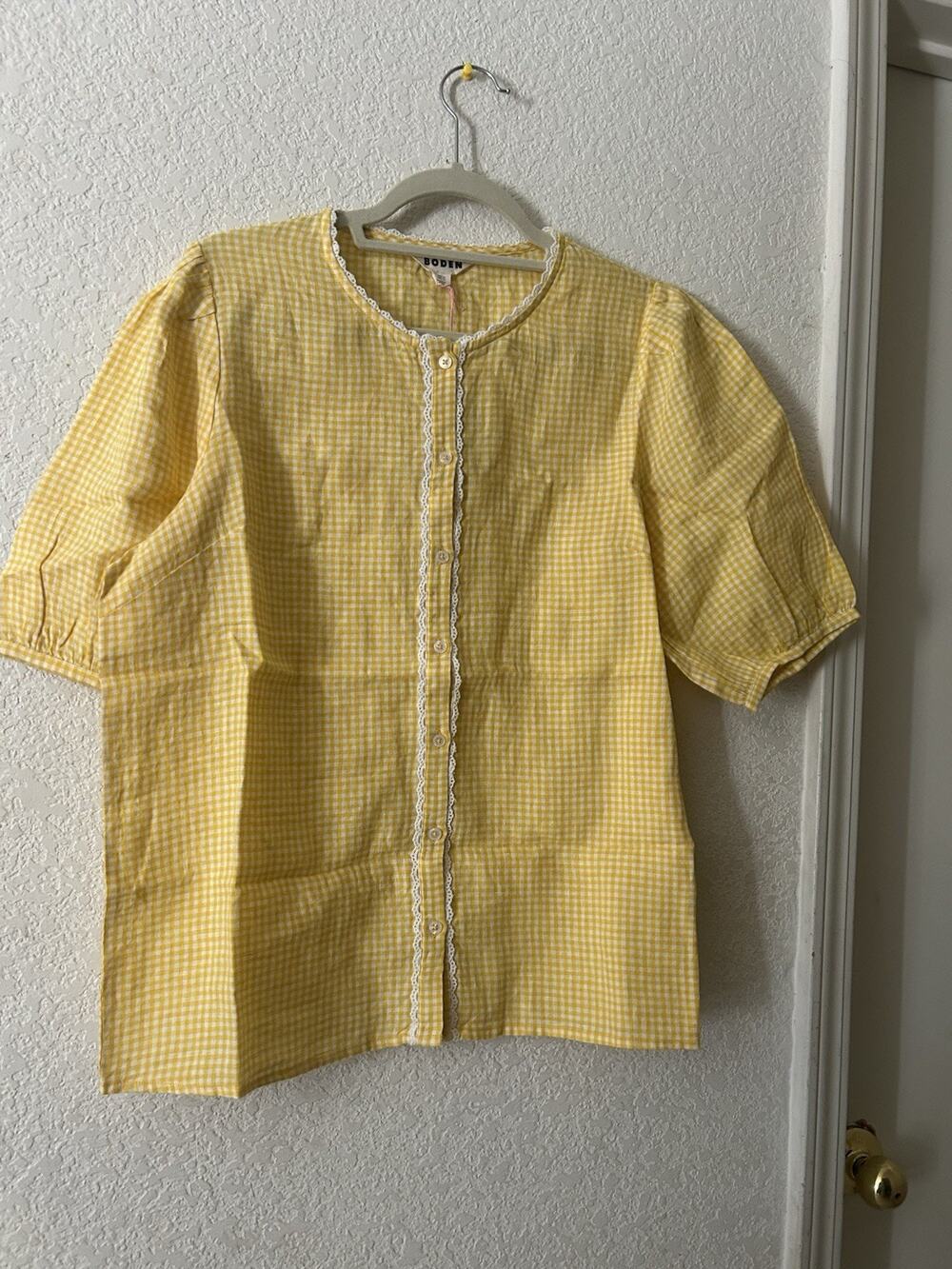 Boden Leah Short Sleeve Linen Top Sunshine Yellow Gingham NWT